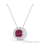 Faux Ruby Red &amp; Clear Round CZ Crystal Halo 9mm Slider Pendant in 14k Wh... - $98.51+