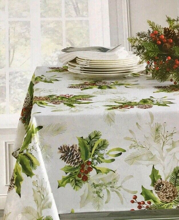 Evergreen And Berries Fabric Tablecloth Christmas Winter 60x84