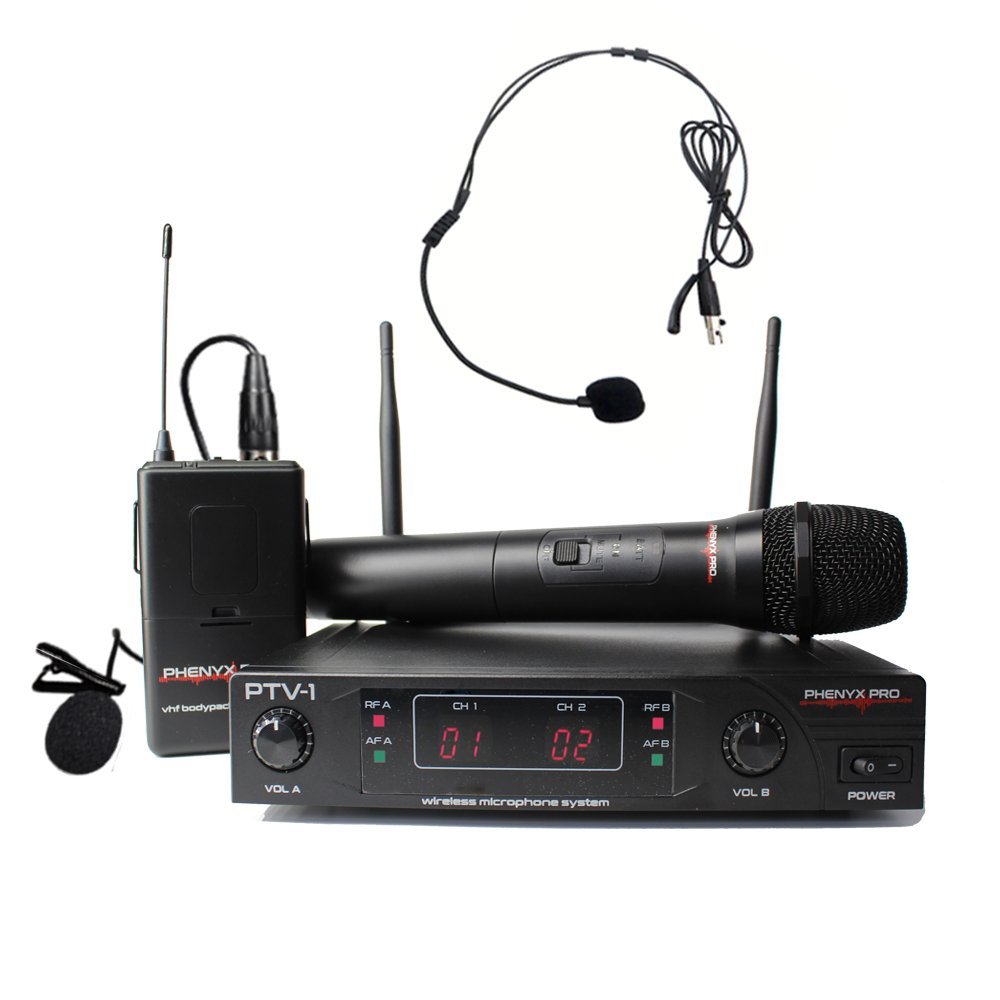 Phenyx Pro VHF Wireless Microphone System, 1 Handheld Mic 1 Headset Mic ...