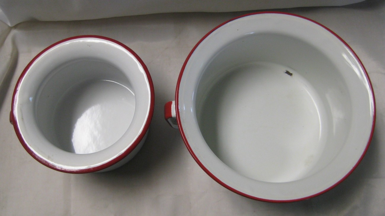 Enamel Chamber Pots White with Red Trim Handled Other