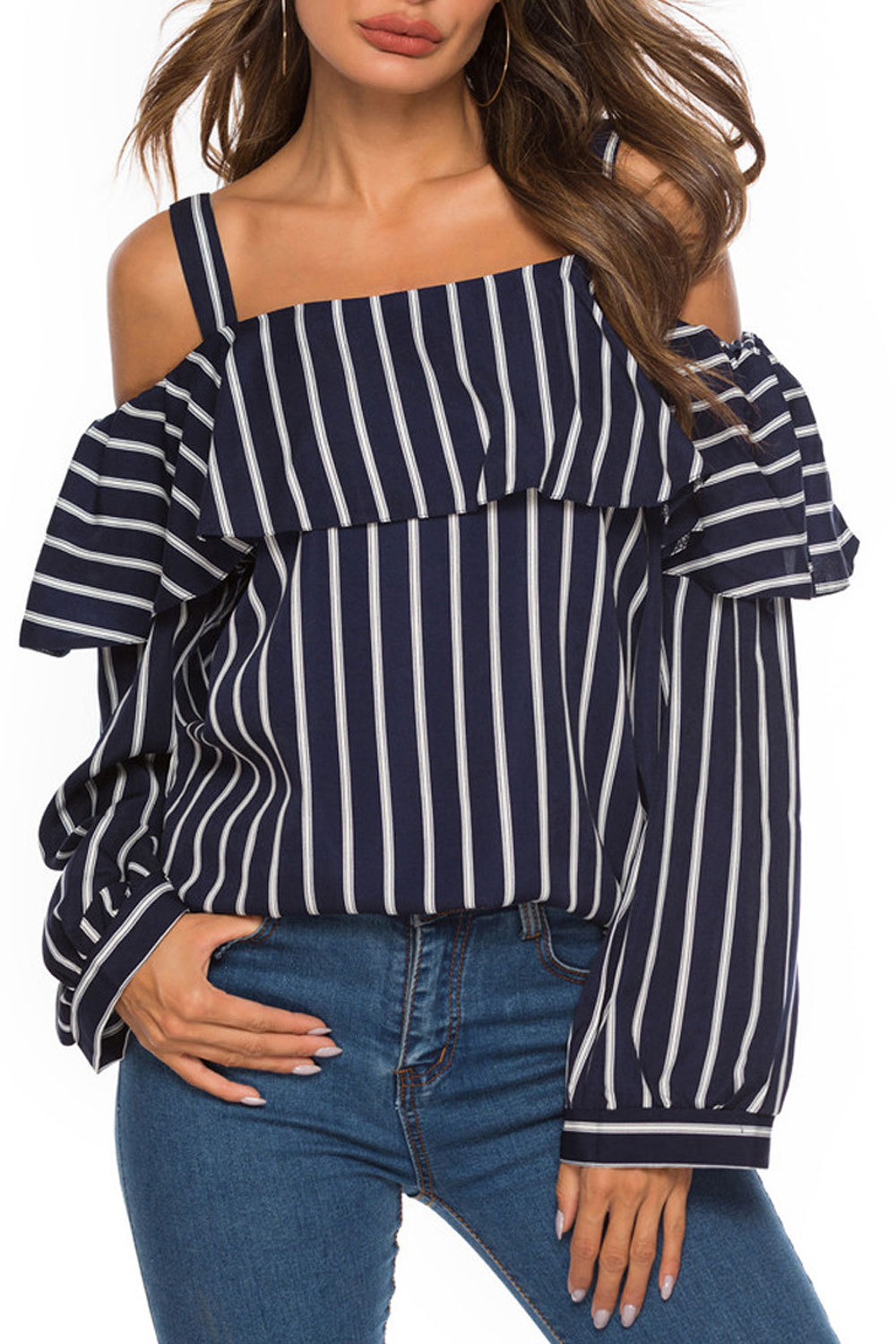 Women Stripe Pattern Long Sleeve Breathable Shirt Tops