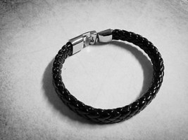 Braided Leather Bracelet 8&quot; Black Leather Cuff REAL LEATHER - $5.29
