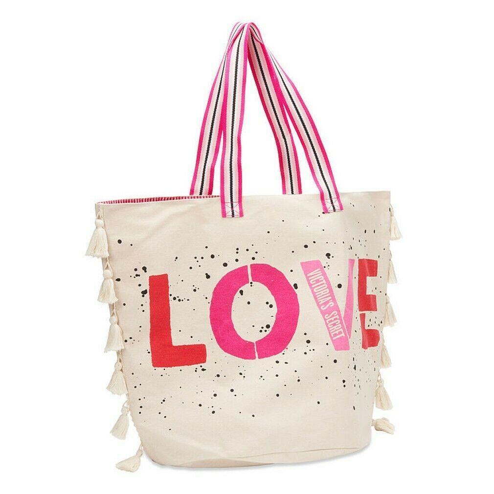 NWT VICTORIA'S SECRET Love Canvas VS Tote Bag Weeknder Off Pink White ...