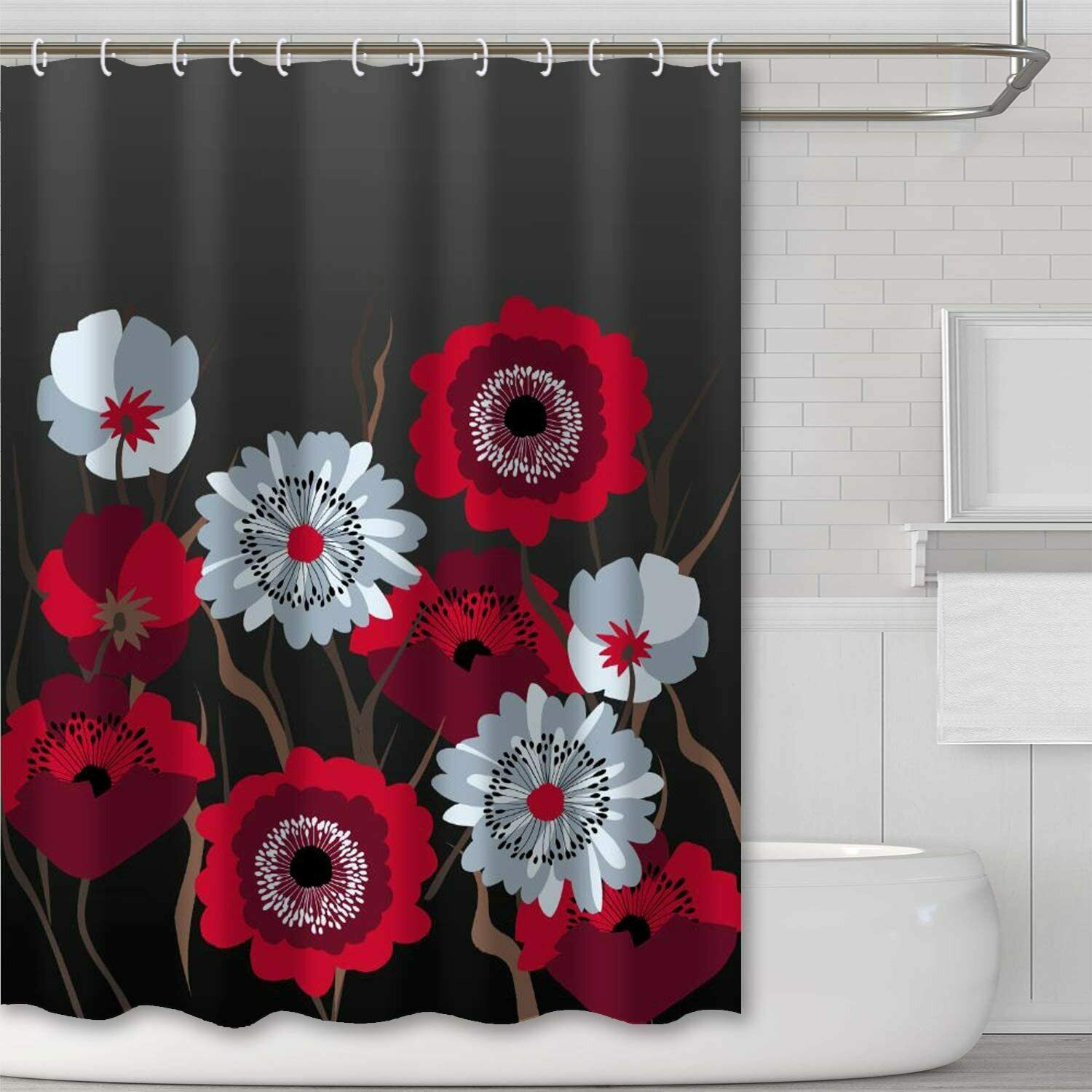 Dark Floral Red Gray Black Goth Elegant Victorian Fabric Shower Curtain