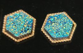Blue Green Druzy Earrings Post Back Gold Framed Hexagon NEW image 1