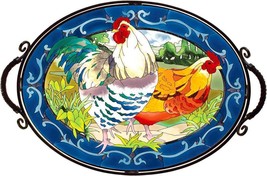 Joan Baker Glass Serving Tray Country French Hens Metal & Beveled Hand Painted image 1
