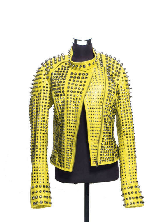Women's Yellow Genuine Leather Full Silver Spike Studded Handcrafted Jacket