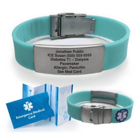 Universal Medical Data - Silicone sport medical alert id bracelet-teal-free 6 lines of custom engraving