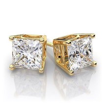 NEW Solid 14 K Yellow Gold 1.5 TCW~6 mm Princess Cut Stud Earrings~With ... - $39.59