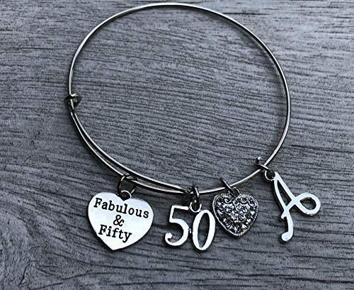 50th Birthday Bangle Bracelet with Letter Charm, 50th Birthday Gifts for Women,