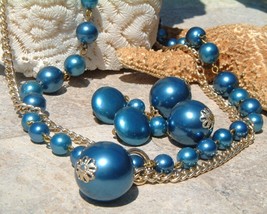 Vintage Necklace Set Japan Metallic Blue Beads 2 Strands - £24.09 GBP