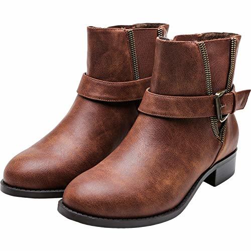 Womens Wide Width Ankle Boots Chunky Block Low Heel Slip On Side Zipper Buckle Boots 5158