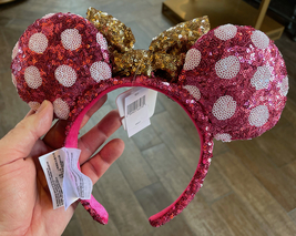 Disney Parks Minnie Mouse Pink Polka Dot Gold Bow Ears Headband NEW image 2