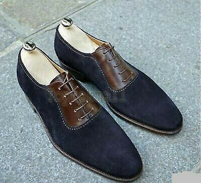 Handmade Men's Leather Genuine Brown & Blue Suede One Piece Formal shoes-40