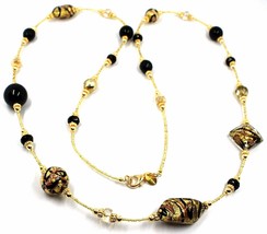 LONG 90cm NECKLACE BLACK & YELLOW STRIPED MURANO GLASS SPHERE NUGGET, GOLD LEAF image 1