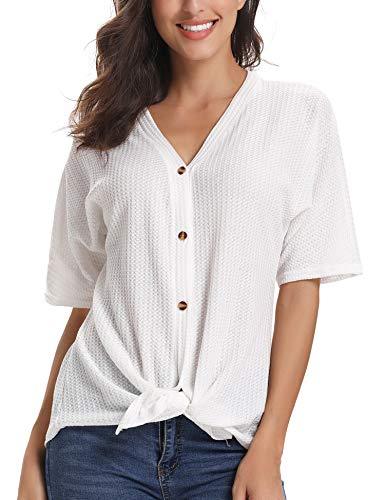 Abollria Womens Waffle Knit Tunic Blouse Tie Knot Henley Tops Loose ...