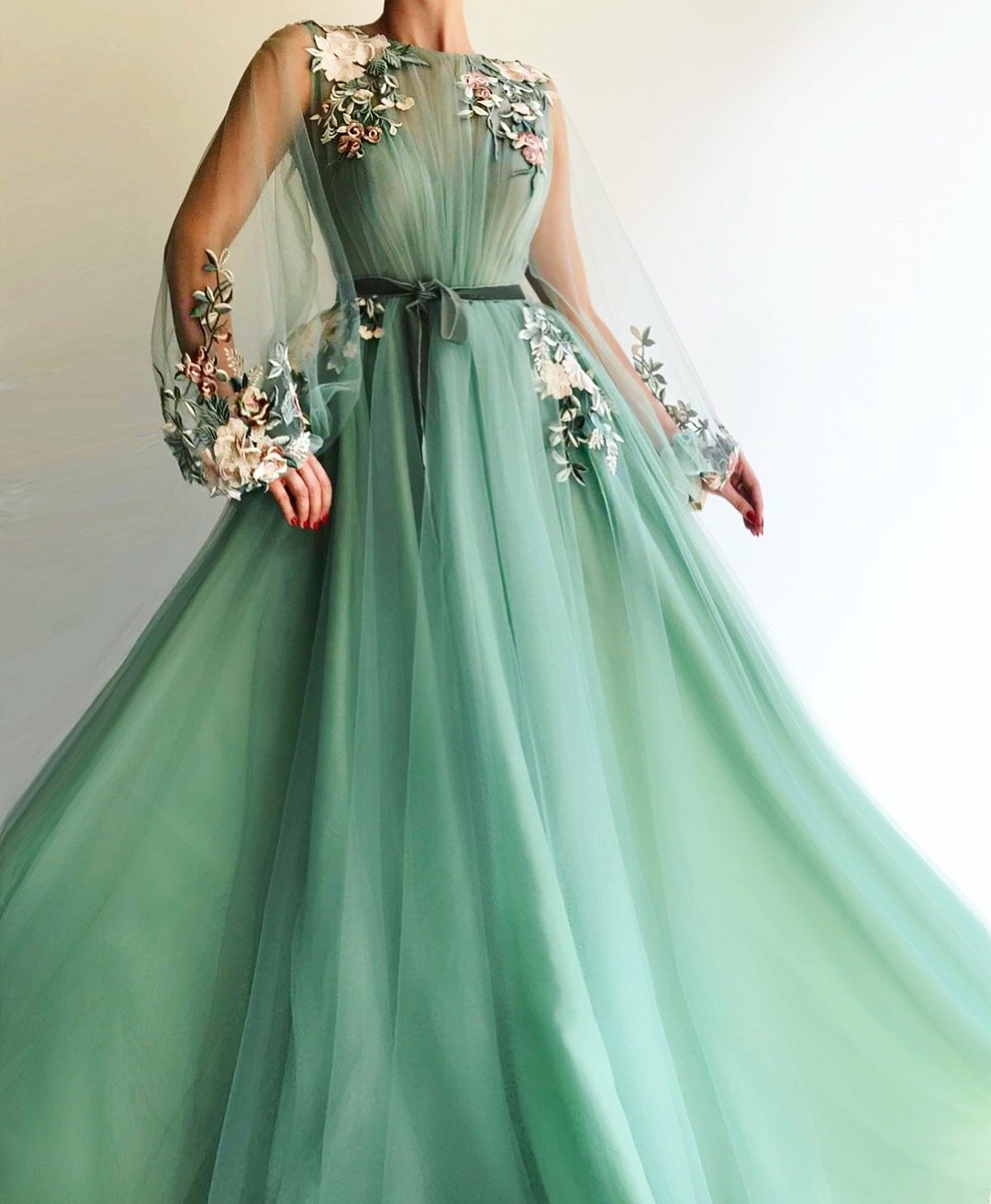 Sexy Prom Dresses Long Sleeve Tulle A-Line Sweetheart Applique Evening ...