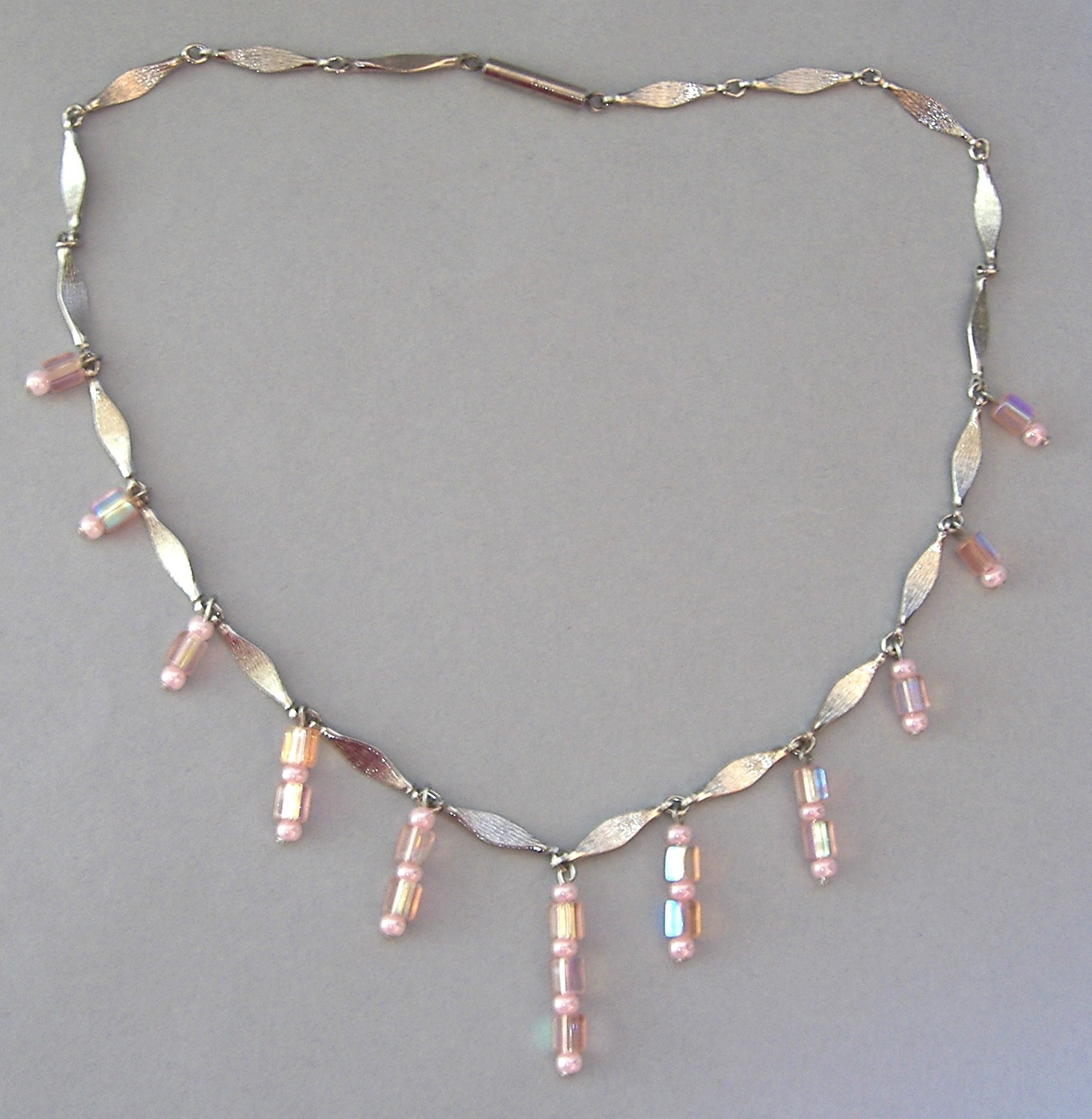 Unique Pink Beaded Necklace Handmade Silver Metal Chain Bead Drop OOAK