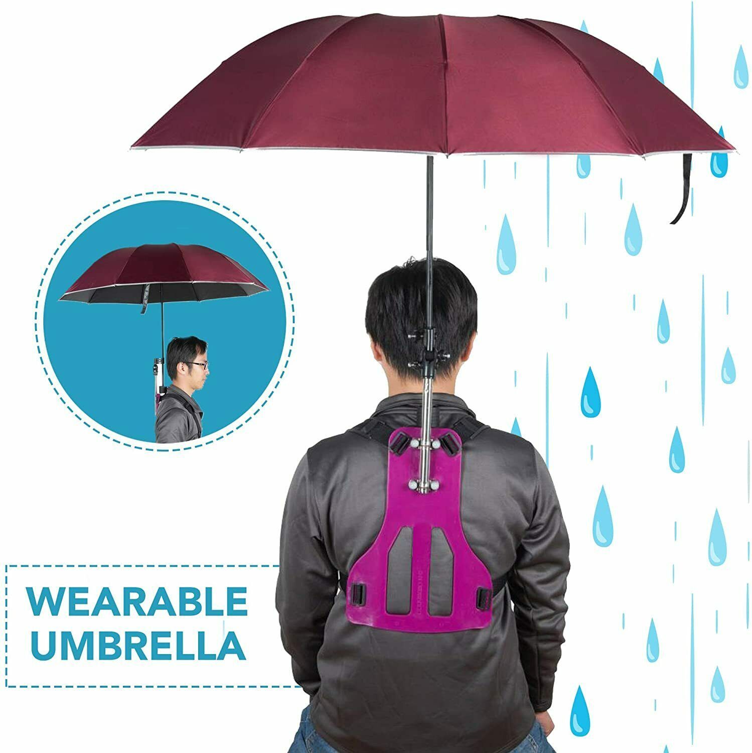 Wearable Hands Free Umbrella Back Harness UV Sun Shade 42" Adjustable Height Umbrellas