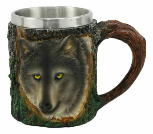 Woodland Animal Totem Spirit Gray Wolf Mug Textured With Rustic Tree Bark Design