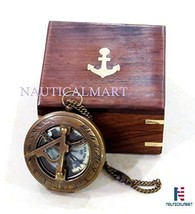NauticalMart 3 Push Button Sundial Nautical Brass Compass With Chain/Wooden Case