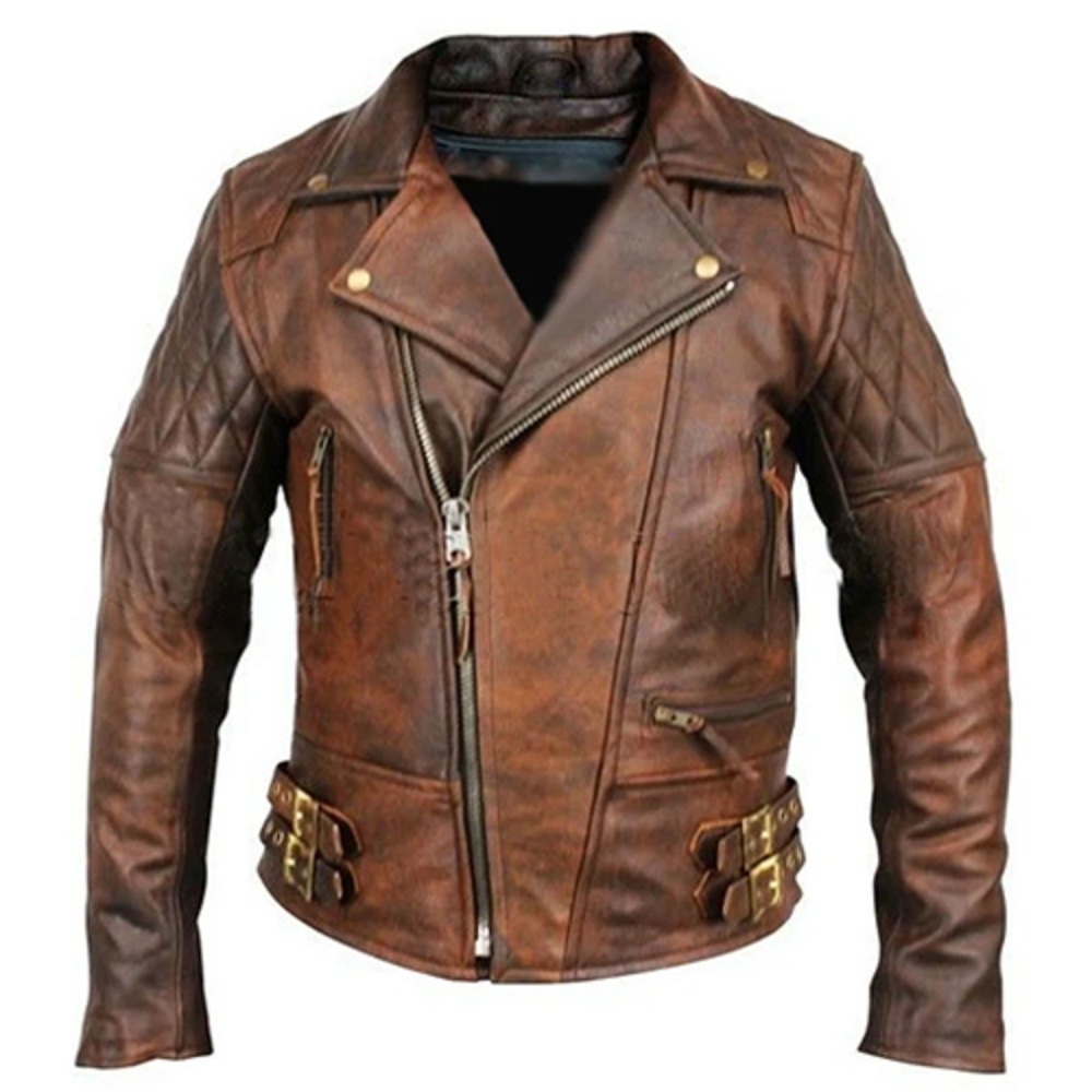 Mens Vintage Brown Genuine Leather Motorcycle Jacket with Side Pockets