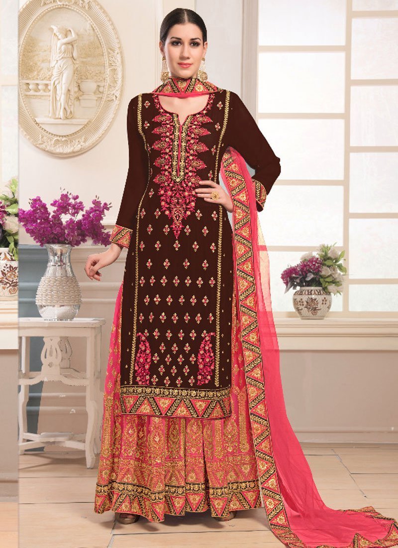 Brown Faux Georgette Sharara Kameez - Women's Clothing