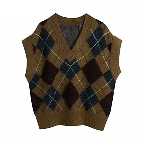 V Neck Lattice Casual Knitting Vest Sweater Ladies Chic Waistcoat Pullovers Retr