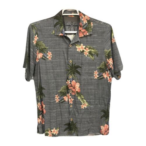 Primary image for Tommy Bahama Mens Blue 100% Silk Hawaiian Tropical Palm Trees Camp Shirt  M
