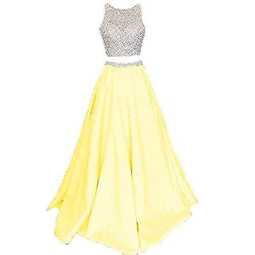 Lemai Plus Size Beaded 2 Pieces Sheer Long Open Back Prom Evening Dress Yellow U