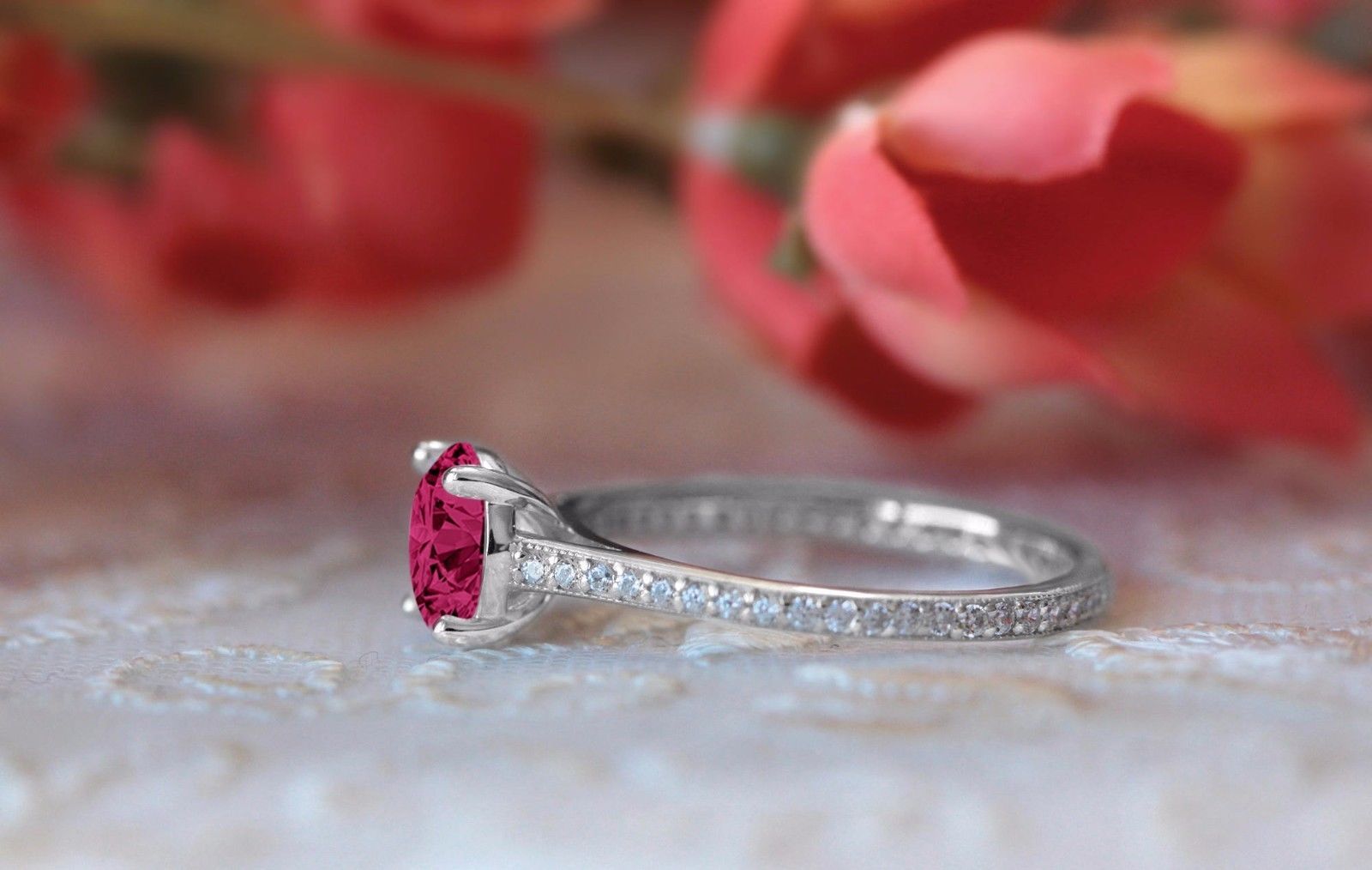 Round Cut Pink Sapphire Bridal Wedding Ring Set 14k White Gold Plated ...