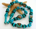 Vintage Handmade Wooden Necklace Chunky Turquoise Beads Long