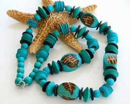 Vintage handmade wooden necklace chunky turquoise beads wood thumb200
