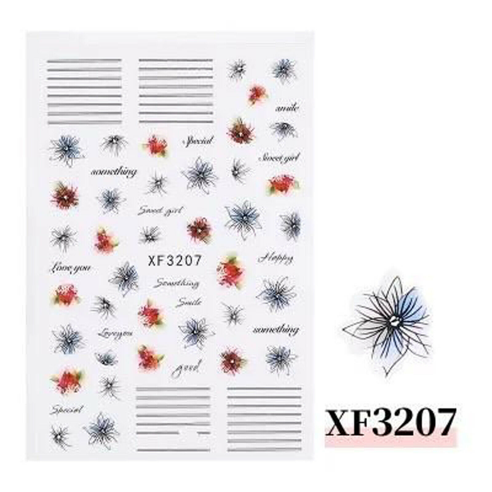 Nail Art 3D Decal Stickers beautiful red blue flower stripes love you XF3207