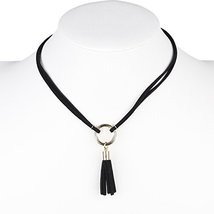 UE- Trendy Gold Tone Jet Black Faux Suede Designer Choker Necklace with Tassels - $22.99
