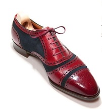 Handmade Men's Maroon Leather Blue Suede Heart Medallion Lace Up Oxford Shoes image 1