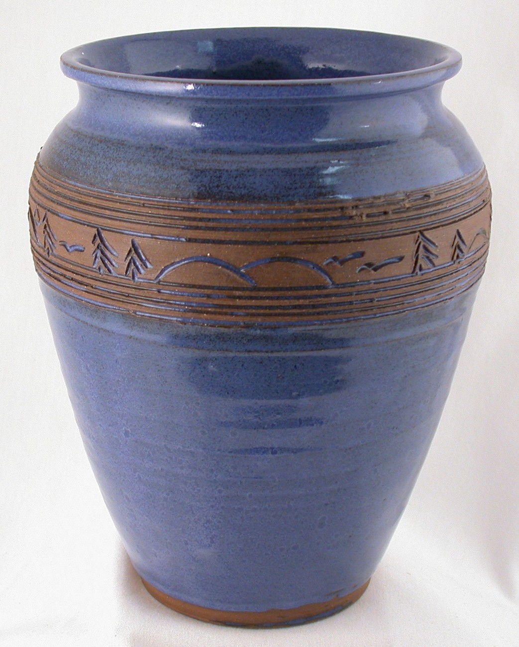 Maine Art Pottery Vase Signed w Border of Trees & Mountains 9" Tall