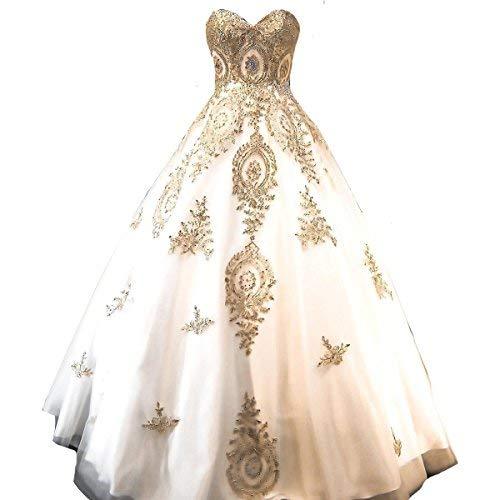 Long Crystals Gold Lace Tulle Ball Gown Prom Evening Sweetheart Dresses White US