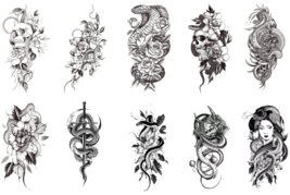 10 Sheet Black Snake Temporary Tattoos with Flower Zombie Sword Body Waterproof  image 1