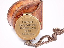 NauticalMart Grow Old With Me Engraved Brass Compass On Chain With Leather Case