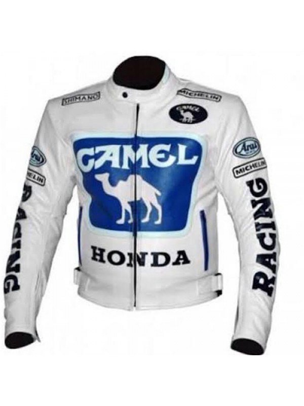 BEST DEAL! WHITE HONDA CAMEL Racing Motorcycle Leather Jacket Classic ...