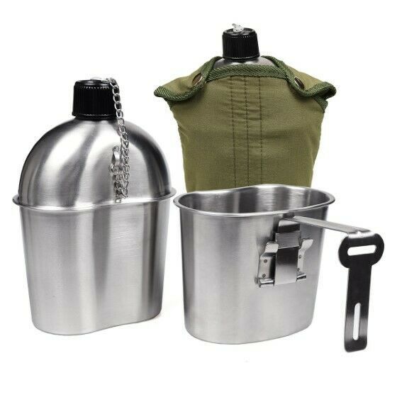 Military Stainless Steel 1 Quart Canteen, Army Green Nylon Cover & Cup, Portable