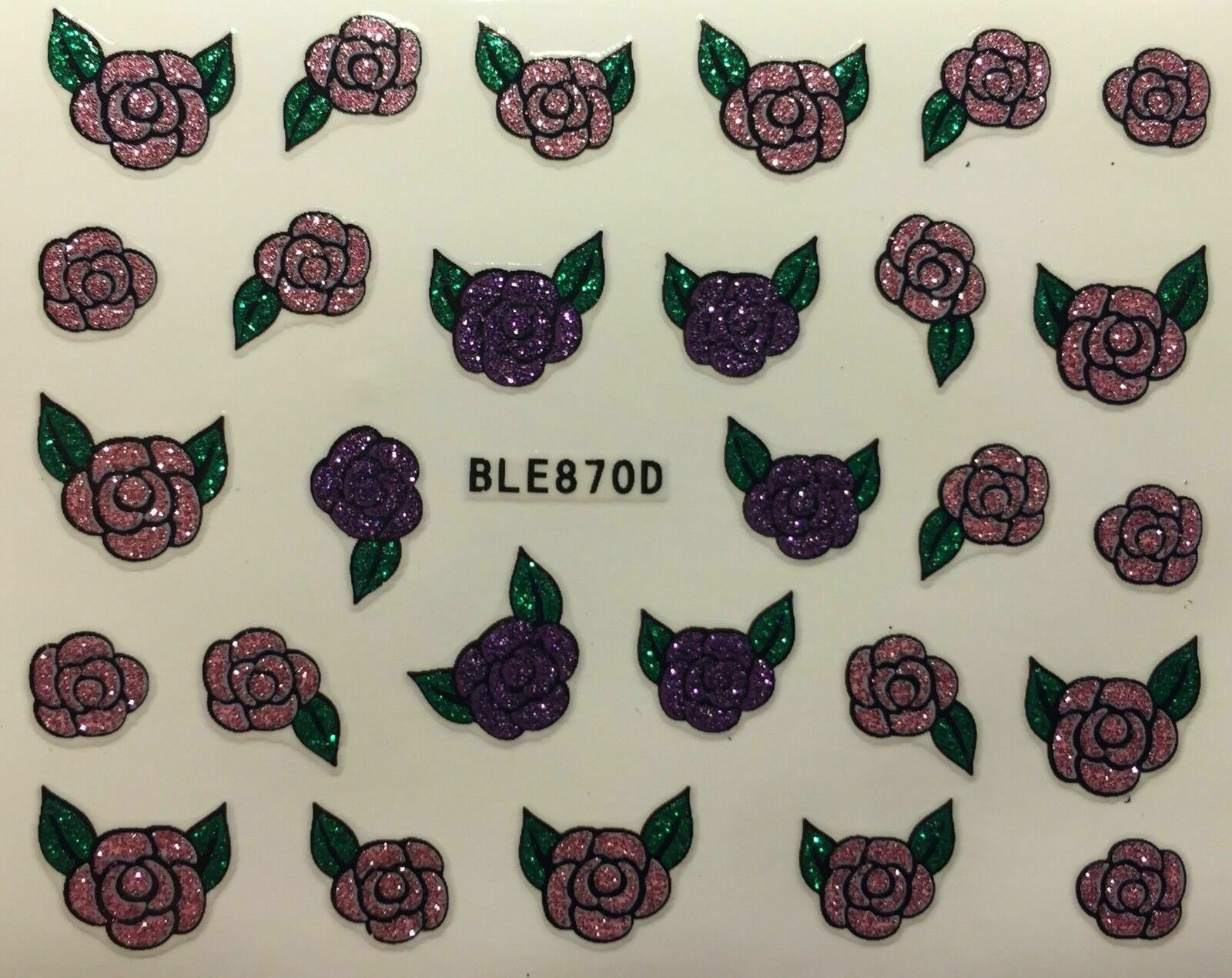 Nail Art 3D Decal Stickers Pink Purple Glittery Roses BLE870D
