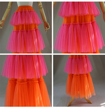 Orange Hot-pink Tiered Party Tulle Skirt Layered Mesh Tulle Maxi Skirt Plus Size image 6