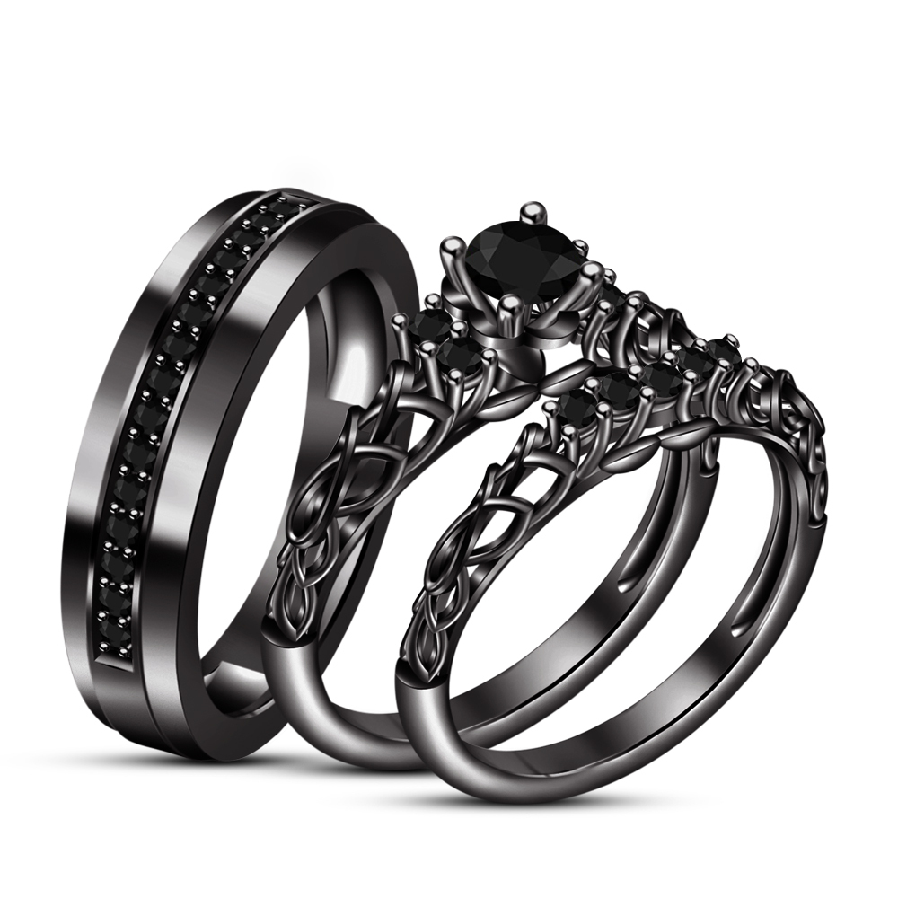 Diamond Bride  Groom  Engagement Ring  Trio  Set 18k Black 