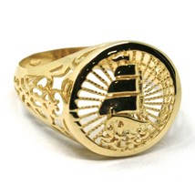 18K YELLOW GOLD BAND MAN RING, SAILING CLIPPER SHIP FINELY WORKED, RAYS, DISC image 1