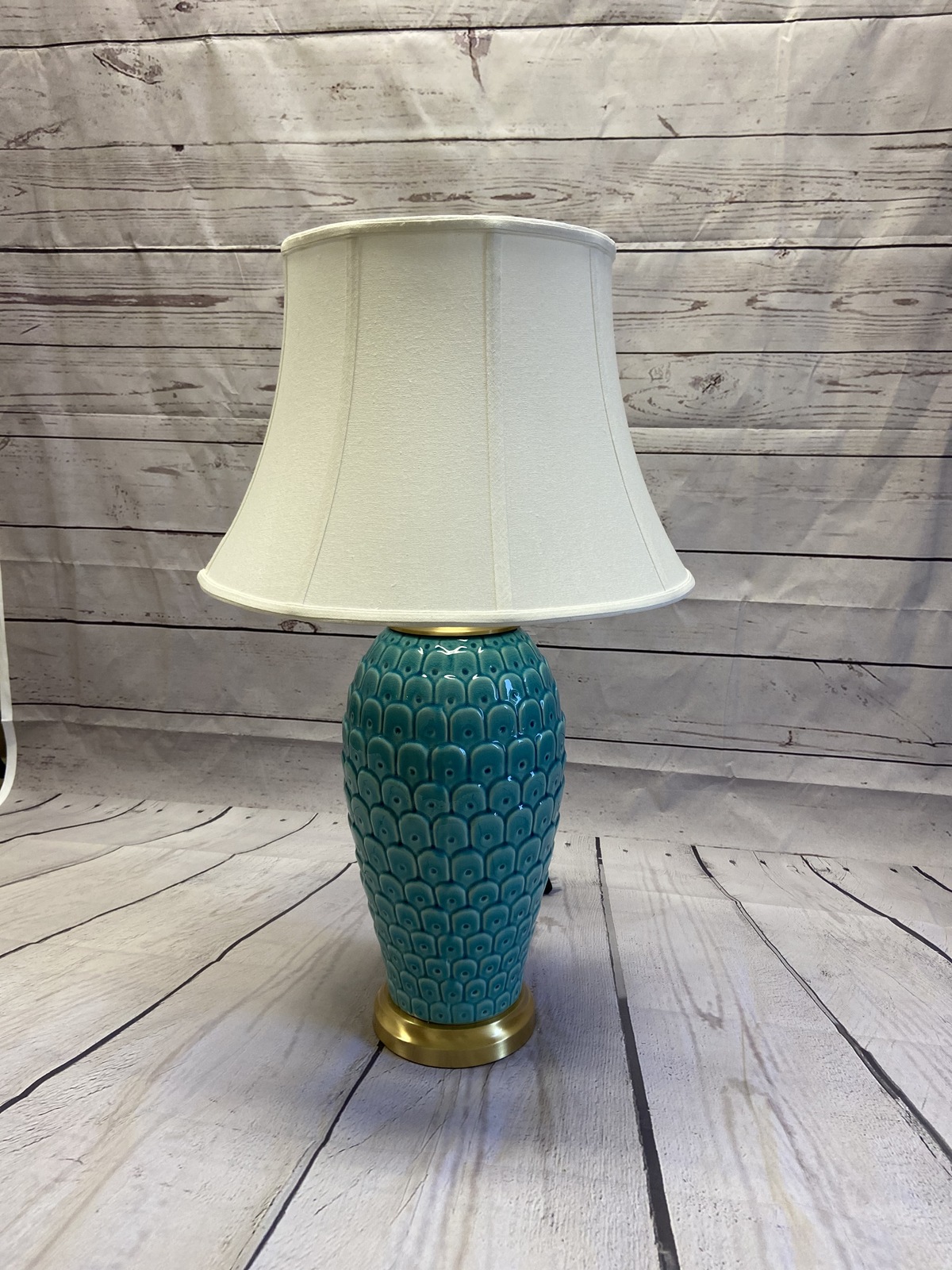 Turquoise ceramic table lamp with white fabric shade - Lamps