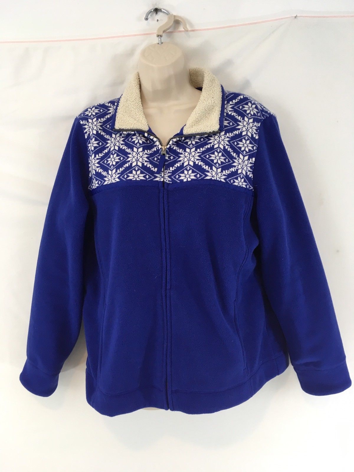 LL Bean Womens L Blue Nordic Snowflake Unlined Zip Front Fleece Ski