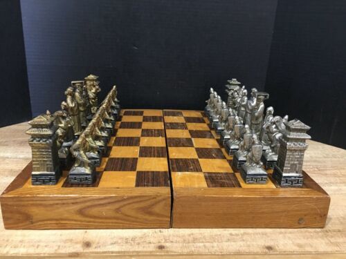 Vintage Korean themed Chess Set. Pewter Pieces Wood Board & Box ...