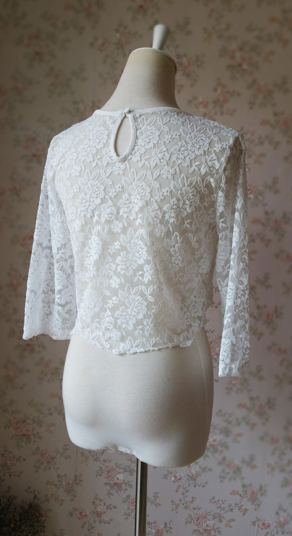 3 Quarters Sleeve White Lace Top Loose Fitting Bridesmaid Crop Lace Top ...